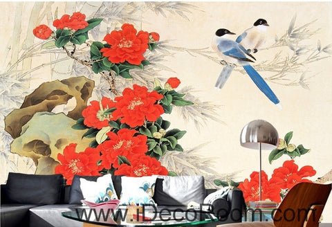 Image of Stone bloom red peony two magpie flowers and birds painting wall art wall decor mural wallpaper wall IDCWP-000192