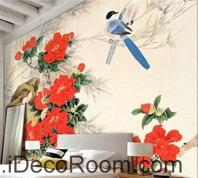 Image of Stone bloom red peony two magpie flowers and birds painting wall art wall decor mural wallpaper wall IDCWP-000192