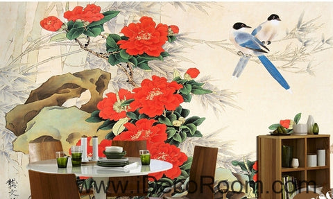 Image of Stone bloom red peony two magpie flowers and birds painting wall art wall decor mural wallpaper wall IDCWP-000192