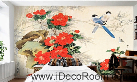 Image of Stone bloom red peony two magpie flowers and birds painting wall art wall decor mural wallpaper wall IDCWP-000192