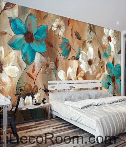 Image of Beautiful dream fresh blue white blooming flower painting wall art wall decor mural wallpaper wall IDCWP-000194