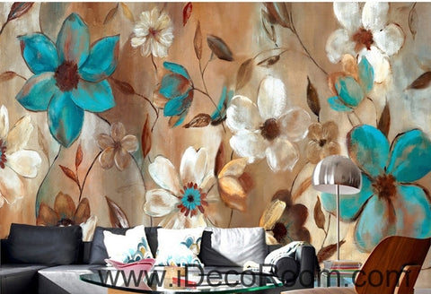 Image of Beautiful dream fresh blue white blooming flower painting wall art wall decor mural wallpaper wall IDCWP-000194