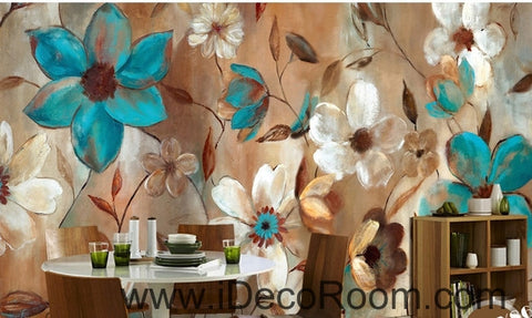 Image of Beautiful dream fresh blue white blooming flower painting wall art wall decor mural wallpaper wall IDCWP-000194