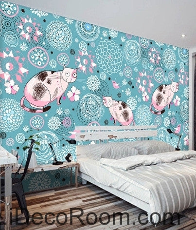 Image of Cute cartoon blue pattern flowers and birds cat animal oil painting effect wall art wall decor mural wallpaper wall IDCWP-000198