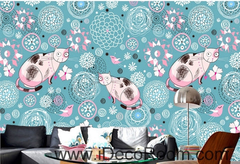 Image of Cute cartoon blue pattern flowers and birds cat animal oil painting effect wall art wall decor mural wallpaper wall IDCWP-000198
