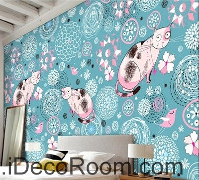 Image of Cute cartoon blue pattern flowers and birds cat animal oil painting effect wall art wall decor mural wallpaper wall IDCWP-000198