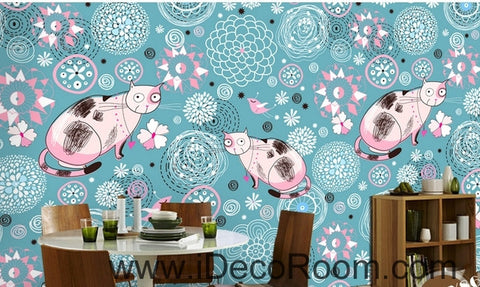 Image of Cute cartoon blue pattern flowers and birds cat animal oil painting effect wall art wall decor mural wallpaper wall IDCWP-000198