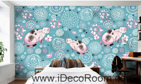 Image of Cute cartoon blue pattern flowers and birds cat animal oil painting effect wall art wall decor mural wallpaper wall IDCWP-000198