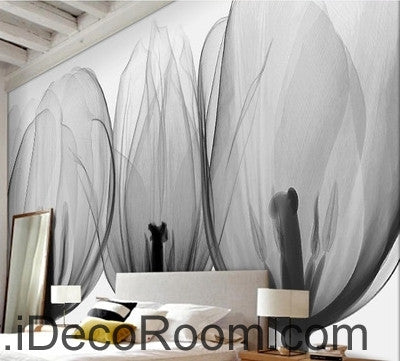 Image of Beautiful black and white art tulips petals transparent flowers close wall art wall decor mural wallpaper wall IDCWP-000199