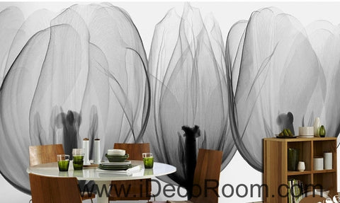 Image of Beautiful black and white art tulips petals transparent flowers close wall art wall decor mural wallpaper wall IDCWP-000199