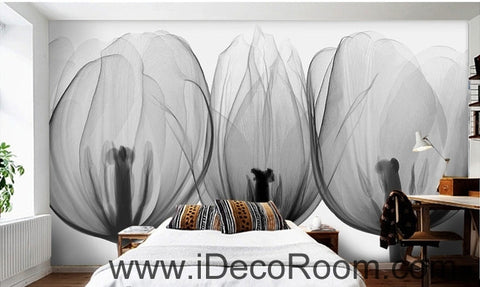 Image of Beautiful black and white art tulips petals transparent flowers close wall art wall decor mural wallpaper wall IDCWP-000199