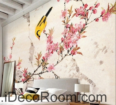 Image of Retro beautiful pink cherry on the oriole magpie bird oil painting effect wall art wall decor mural wallpaper wall IDCWP-000200
