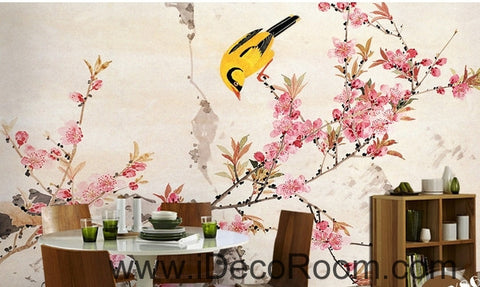 Image of Retro beautiful pink cherry on the oriole magpie bird oil painting effect wall art wall decor mural wallpaper wall IDCWP-000200