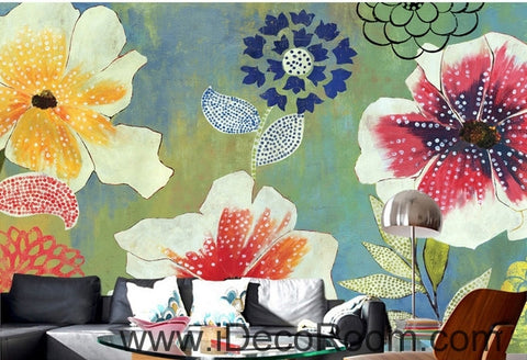Image of A beautiful fresh blue sky blooming poppy flower hydrangea pattern oil painting effect wall art wall decor mural wallpaper wall IDCWP-000201