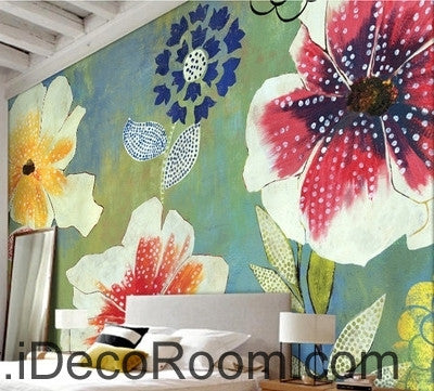 Image of A beautiful fresh blue sky blooming poppy flower hydrangea pattern oil painting effect wall art wall decor mural wallpaper wall IDCWP-000201