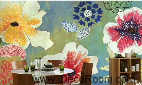 Image of A beautiful fresh blue sky blooming poppy flower hydrangea pattern oil painting effect wall art wall decor mural wallpaper wall IDCWP-000201