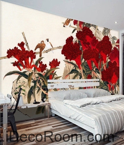 Image of Retro Hongyan a piece of cockscomb flowers on the magpie bird oil painting effect wall art wall decor mural wallpaper wall IDCWP-000203