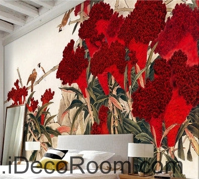 Image of Retro Hongyan a piece of cockscomb flowers on the magpie bird oil painting effect wall art wall decor mural wallpaper wall IDCWP-000203