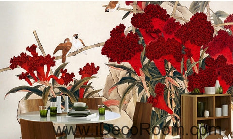 Image of Retro Hongyan a piece of cockscomb flowers on the magpie bird oil painting effect wall art wall decor mural wallpaper wall IDCWP-000203