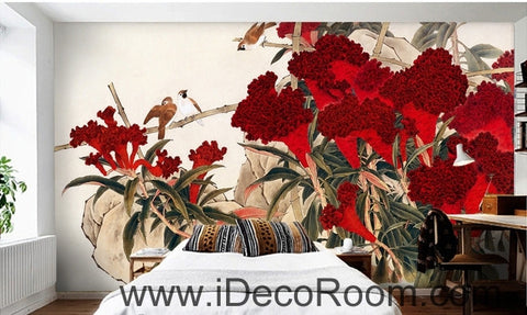 Image of Retro Hongyan a piece of cockscomb flowers on the magpie bird oil painting effect wall art wall decor mural wallpaper wall IDCWP-000203