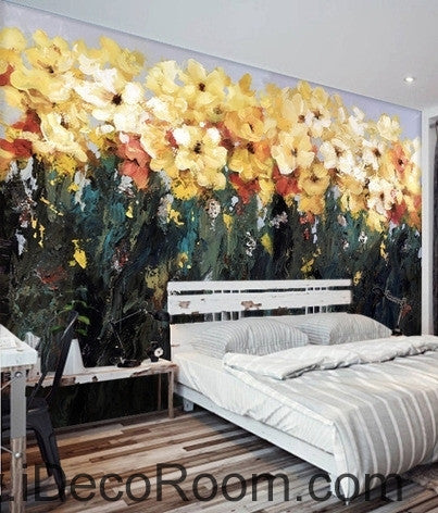 Image of Beautiful fantasy abstract blooming yellow flowers flower oil painting effect wall art wall decor mural wallpaper wall IDCWP-000208