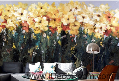 Image of Beautiful fantasy abstract blooming yellow flowers flower oil painting effect wall art wall decor mural wallpaper wall IDCWP-000208
