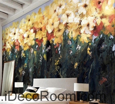 Image of Beautiful fantasy abstract blooming yellow flowers flower oil painting effect wall art wall decor mural wallpaper wall IDCWP-000208