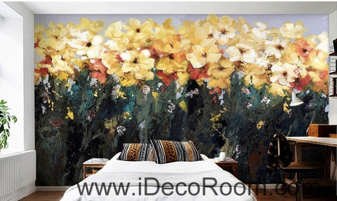 Image of Beautiful fantasy abstract blooming yellow flowers flower oil painting effect wall art wall decor mural wallpaper wall IDCWP-000208