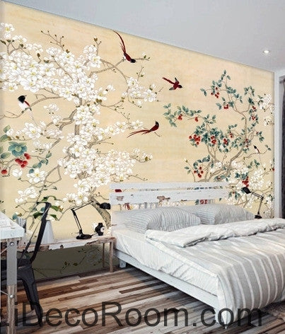 Image of New Chinese flowers and birds Yangmei magnolia flower on the magpie bird painting wall art wall decor mural wallpaper wall IDCWP-000209
