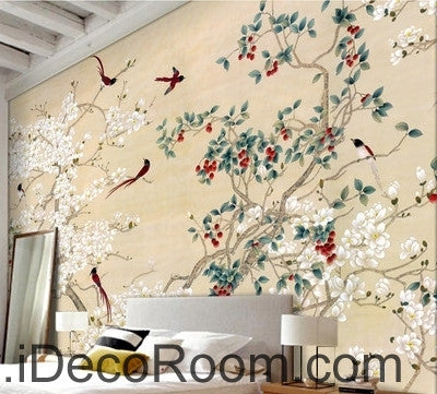 Image of New Chinese flowers and birds Yangmei magnolia flower on the magpie bird painting wall art wall decor mural wallpaper wall IDCWP-000209