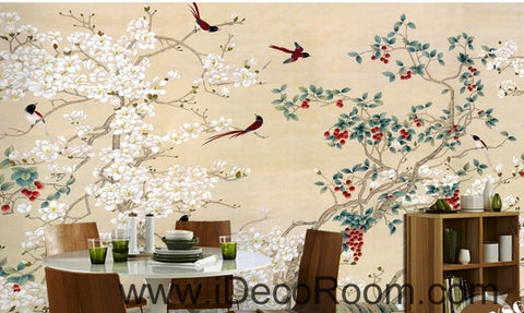 Image of New Chinese flowers and birds Yangmei magnolia flower on the magpie bird painting wall art wall decor mural wallpaper wall IDCWP-000209