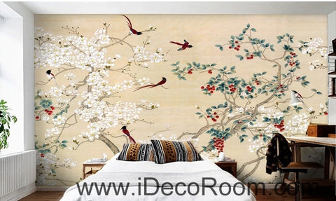 Image of New Chinese flowers and birds Yangmei magnolia flower on the magpie bird painting wall art wall decor mural wallpaper wall IDCWP-000209