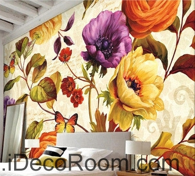 Image of Retro blooming flowers rose peony butterfly oil painting effect wall art wall decor mural wallpaper wall IDCWP-000212