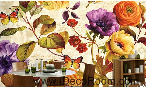 Image of Retro blooming flowers rose peony butterfly oil painting effect wall art wall decor mural wallpaper wall IDCWP-000212