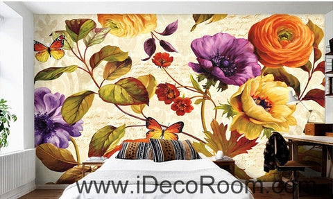 Image of Retro blooming flowers rose peony butterfly oil painting effect wall art wall decor mural wallpaper wall IDCWP-000212