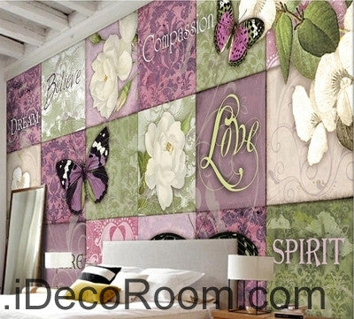 Image of Fresh pattern floral butterfly gardenia camellia oil painting effect wall art wall decor mural wallpaper wall IDCWP-000214