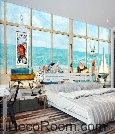 Image of A beautiful fresh dream blue sea water white windowsill oil painting effect wall art wall decor mural wallpaper wall IDCWP-000220