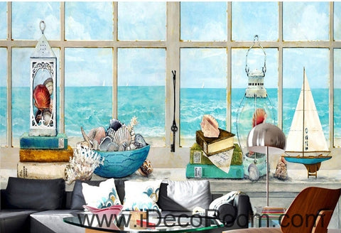 Image of A beautiful fresh dream blue sea water white windowsill oil painting effect wall art wall decor mural wallpaper wall IDCWP-000220