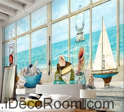Image of A beautiful fresh dream blue sea water white windowsill oil painting effect wall art wall decor mural wallpaper wall  IDCWP-000220