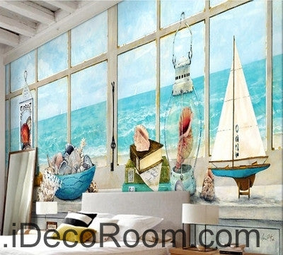 Image of A beautiful fresh dream blue sea water white windowsill oil painting effect wall art wall decor mural wallpaper wall IDCWP-000220