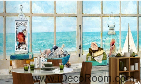 Image of A beautiful fresh dream blue sea water white windowsill oil painting effect wall art wall decor mural wallpaper wall  IDCWP-000220