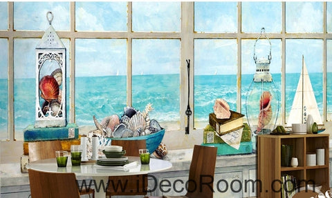 Image of A beautiful fresh dream blue sea water white windowsill oil painting effect wall art wall decor mural wallpaper wall IDCWP-000220