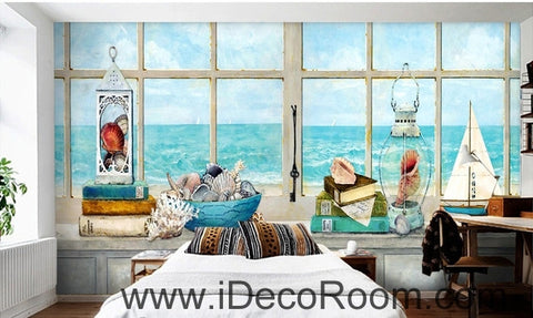 Image of A beautiful fresh dream blue sea water white windowsill oil painting effect wall art wall decor mural wallpaper wall IDCWP-000220
