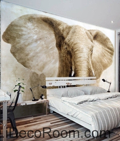 Image of Retro Old Animals Elephant Head Closeup oil painting effects wall art wall decor mural wallpaper wall paper IDCWP-000221