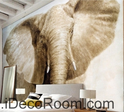 Image of Retro Old Animals Elephant Head Closeup oil painting effects wall art wall decor mural wallpaper wall paper IDCWP-000221