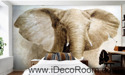 Image of Retro Old Animals Elephant Head Closeup oil painting effects wall art wall decor mural wallpaper wall paper IDCWP-000221