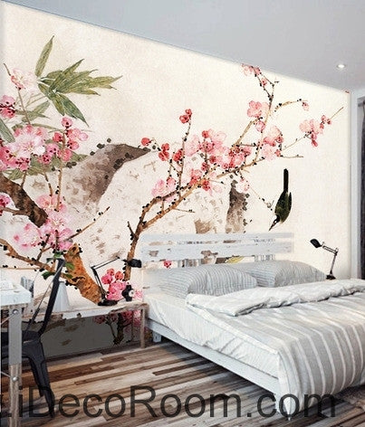 Image of Retro beautiful pink peach tree branches on the bird magpie oil painting effect wall art wall decor mural wallpaper wall IDCWP-000223