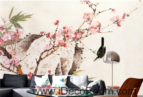 Image of Retro beautiful pink peach tree branches on the bird magpie oil painting effect wall art wall decor mural wallpaper wall IDCWP-000223