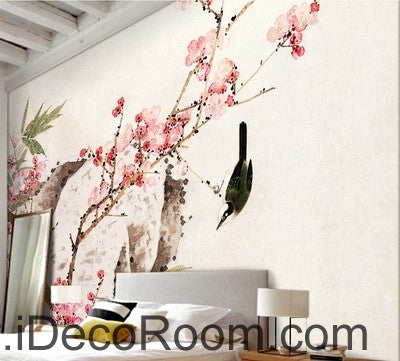 Image of Retro beautiful pink peach tree branches on the bird magpie oil painting effect wall art wall decor mural wallpaper wall IDCWP-000223