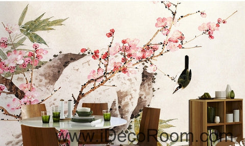 Image of Retro beautiful pink peach tree branches on the bird magpie oil painting effect wall art wall decor mural wallpaper wall IDCWP-000223